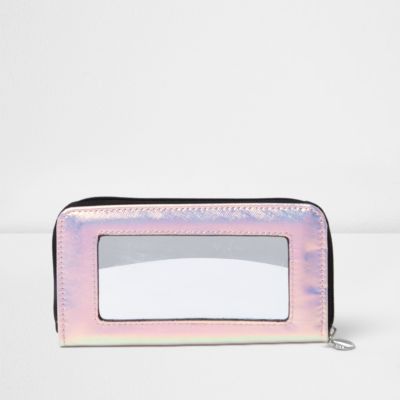 Girls pink iridescent zip around purse